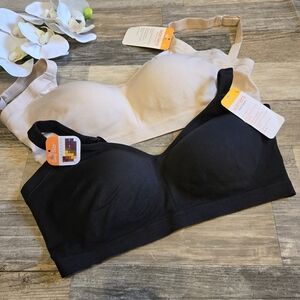 Warner's beige and black lightly lined wire free bra bralette bundle size L NWT